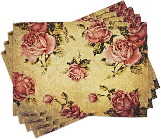 Ambesonne Rose Place Mats Set of 8, Old Fashioned Victorian Style Pattern Dramatic Color Bohemian Art Design, Washable Fabric Placemats for Dining Table, Placemat 8 pcs, Mustard Pink