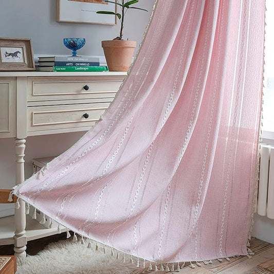 Sutuo Home Boho Curtain for Bedroom Living Room Nursery Kitchen, Light Filtering Country Farmhouse Vintage Chic Tassels Hollow Window Treatment Bohemian Drape, 1 Panel 52" W x 96" L, Pink