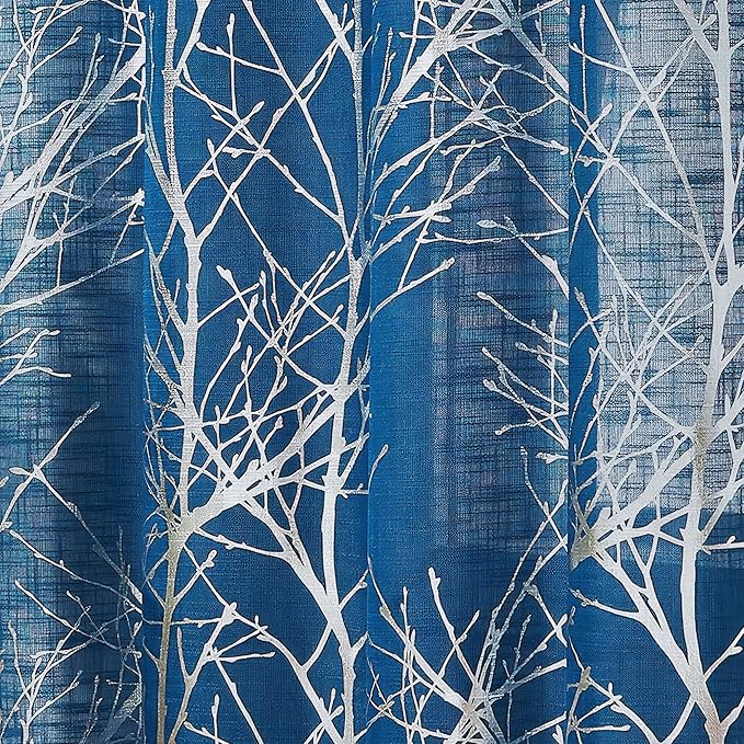 FMFUNCTEX Linen Semi Sheer Curtains for Bedroom, Silver Foil Curtains 84 Inches Long for Living Room, Silver Metallic Print Navy Blue Tree Panel for Windows, Light Filtering Curtains Grommet 2 Panels