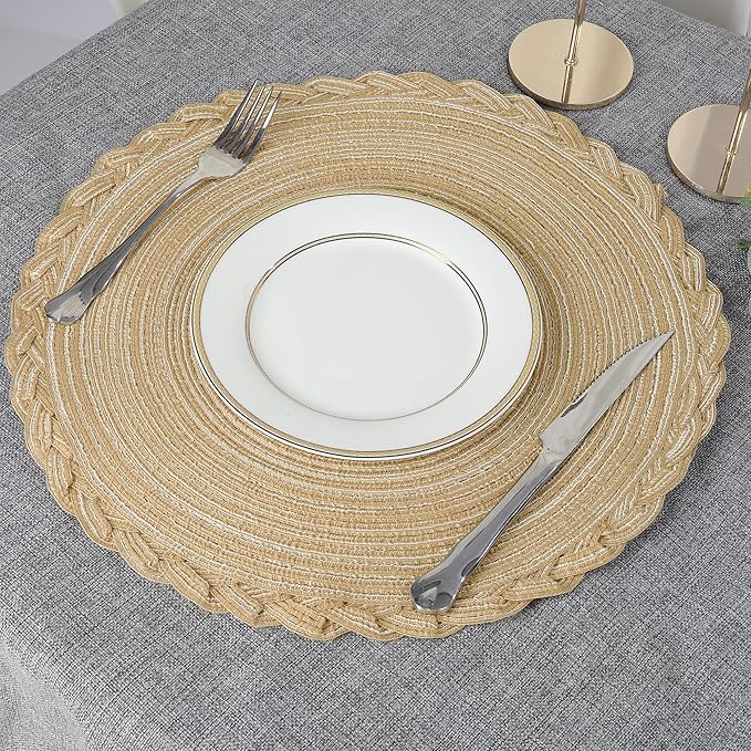 fanquare Round Woven Placemats with Braided Lace Edge 4 Pack Heat Resistant Non Slip Table Mats for Kitchen 15 Inch Cotton Blend Rustic Placemat
