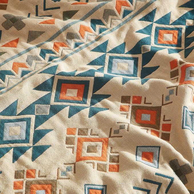 Boho Throw Blanket for Bed 60”x80”, 100% Cotton Woven Blanket for Couch Sofa, Ultra Soft 4-Layer Muslin Quilt with Diamond Pattern, Farmhouse Bed Blanket/Cover for Living Room Decor