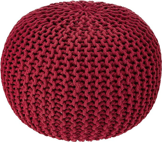 REDEARTH Round Pouf Ottoman - Hand Knitted Cable Boho Poof - Foot Stool Bean Bag - Home Décor Stuffed Footrest for Living Room - Nursery - Bedroom - 100% Cotton Poufs (19.5"x19.5"x14") - Red