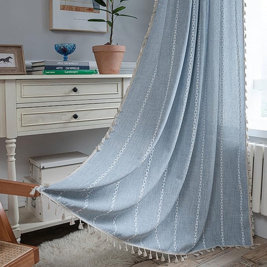Sutuo Home Boho Curtains for Bedroom 63 Inch Length, Light Filtering French Country Farmhouse Vintage Shabby Chic Tassels Window Treatment Bohemian Drape, 1 Panel 52" W x 63" L, Blue