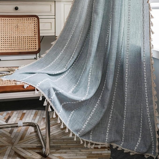Sutuo Home Boho Curtains for Bedroom Dining Room Kitchen, Semi Blackout Linen Farmhouse Shabby Chic Tassels Window Treatment Bohemian Embroidery Drape, Rod Pocket 1 Panel 52" W x 63" L, Greyish Blue