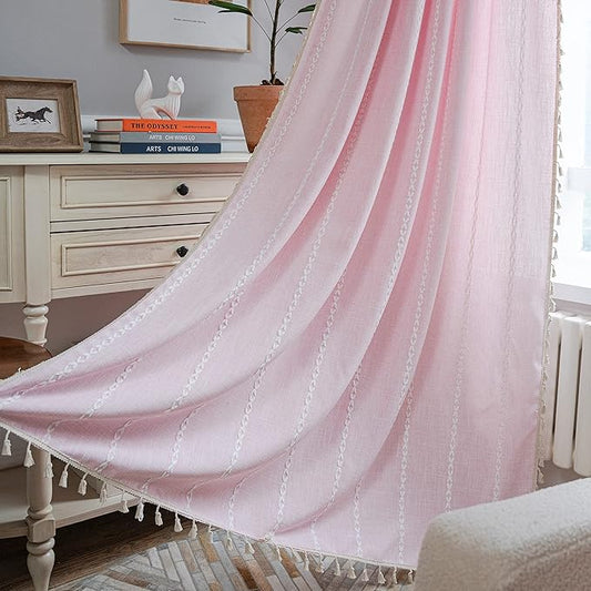 Sutuo Home Boho Curtain for Bedroom Living Room 63 Inch Length, Light Filtering Country Farmhouse Vintage Shabby Chic Tassels Window Treatment Bohemian Drape, 1 Panel 52" W x 63" L, Pink