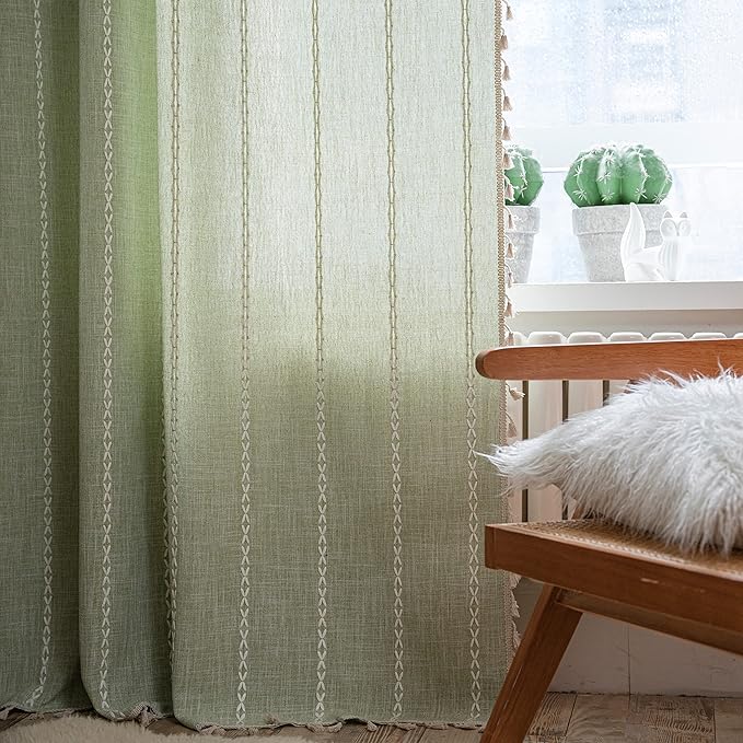 Sutuo Home Sage Green Boho Curtains for Bedroom Living Room, Semi Blackout Chic Farmhouse Country Tassels Window Treatment Bohemian Embroidery Drape for Christmas, Rod Pocket 1 Panel 52" W x 90" L