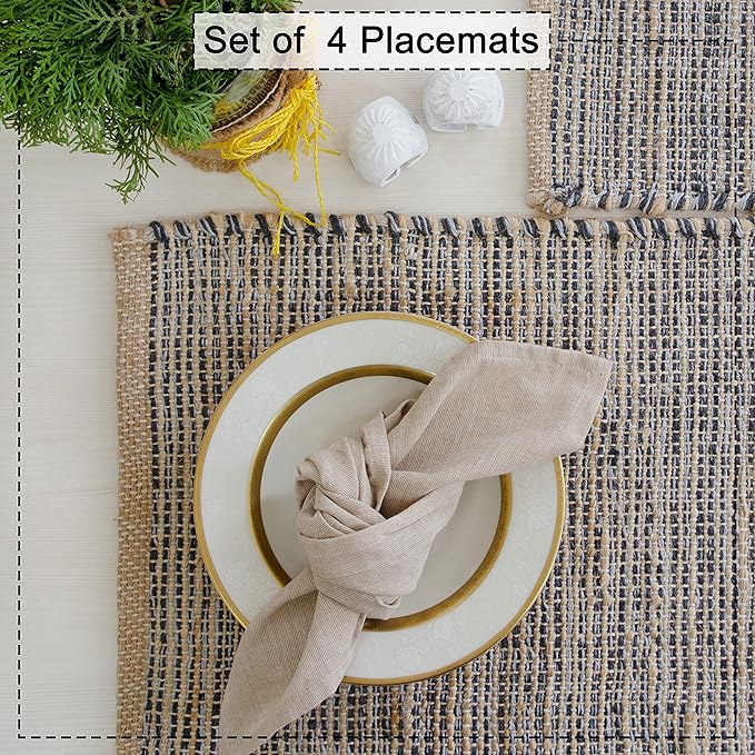 Chardin home | Natural Jute Placemats Set of 4 | 13x19 Inch. Rustic Farmhouse Place mats | Table mats Colors - Natural Jute and Grey
