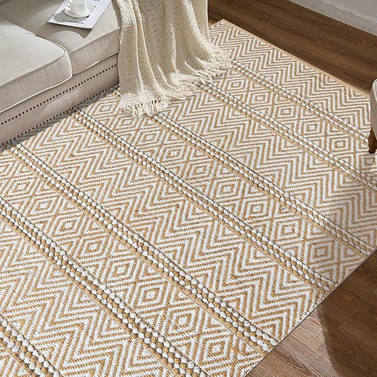 Jute Cotton Stripe Area Rug for Living Room 48x72 Inch - Natural Ivory - Machine Washable 4x6 Feet Rugs - 70% Jute and 30% Cotton