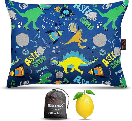 Boys Inflatable Camping Pillow Lite Kids w. Removable X-Form Padded Cover | Space Dinosaur | Comfort, Washable, Compact, Ultralight, Packable | Backpacking Hiking Travel Air Sleepover Scout