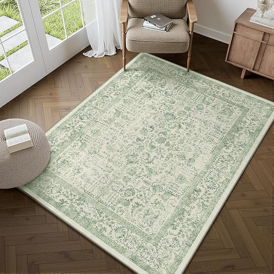 Green Area Rug 3x5 Office Entryway Rug Machine Washable Kitchen Vintage Distressed Non Slip Carpet Indoor Retro Floral Accent Throw Door Mat for Bathroom Bedroom Dining Living Room