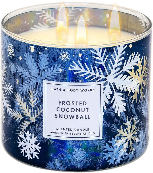 White Barn Bath and Body Works, 3-Wick Candle w-Essential Oils - 14.5 oz - 2020 Holidays Scents (Frosted Coconut Snowball), White Soy Wax, Blue and White Jar Print, Gold Lid, Transparent Glass
