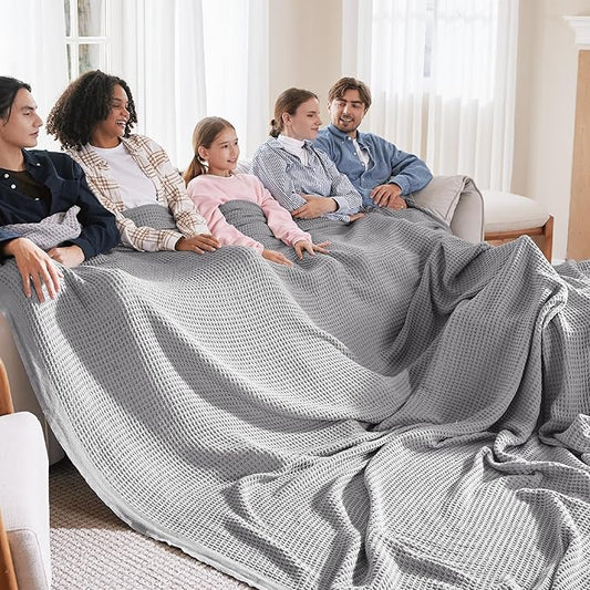 Bedsure 100% Cotton Large Blanket Oversized King for Bed - Breathable Waffle Weave Blanket for Summer Spring, Couch Cover, Grey, 120x94 inches