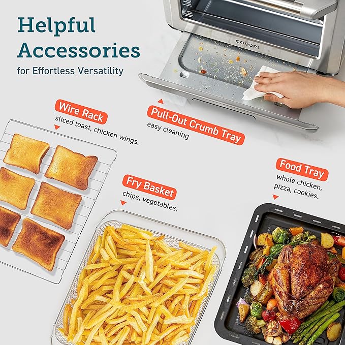 COSORI Smart 11-in-1 Air Fryer Toaster Oven Combo, Airfryer Convection Oven Countertop, Bake, Roast, Reheat, Broil, Dehydrate, 94 Recipes & 3 Accessories, 26QT, Silver, Stainless Steel