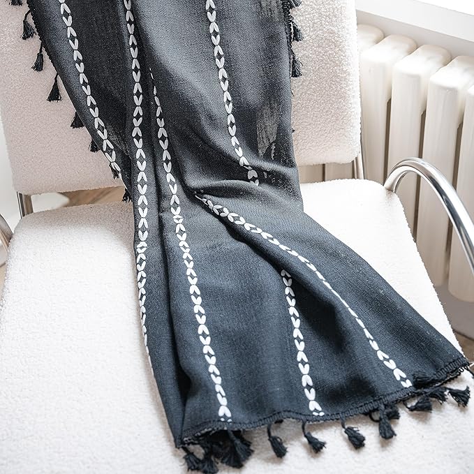 Sutuo Home Boho Curtain for Bedroom, Semi Blackout Linen Farmhouse Shabby Chic Tassels Window Treatment Bohemian Embroidery Drape for Halloween Decor, Rod Pocket 1 Panel 52" W x 84" L, Black