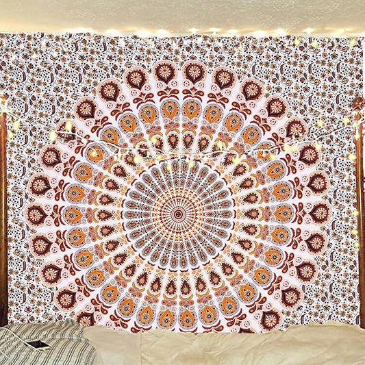 Bless International Handmade Indian hippie Bohemian Psychedelic Peacock Mandala Wall hanging College Dorm Beach Throws Table Cloth Bedding Tapestry (Orange Brown, Queen(84x90Inches)(215x230Cms))