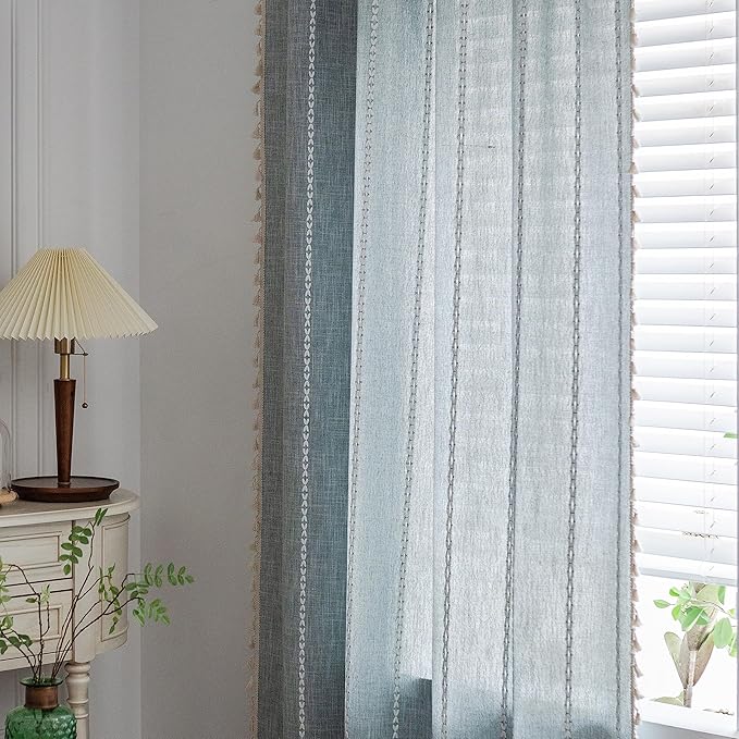 Sutuo Home Boho Curtains for Bedroom Dining Room Kitchen, Semi Blackout Linen Farmhouse Shabby Chic Tassels Window Treatment Bohemian Embroidery Drape, Rod Pocket 1 Panel 52" W x 63" L, Greyish Blue