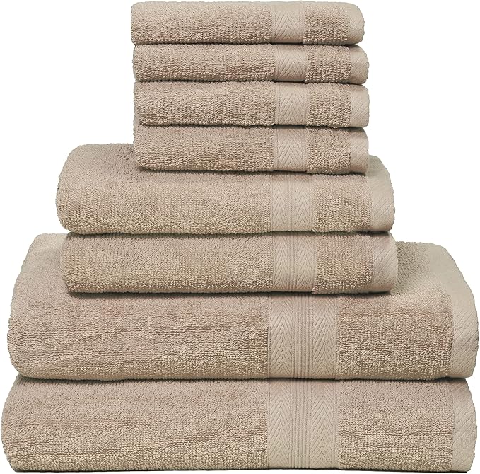 BOUTIQUO 8 Piece Towel Set 100% Ring Spun Cotton, 2 Bath Towels 27X54, 2 Hand Towels 16X28 and 4 Washcloths 13X13 - Ultra Soft Highly Absorbent Machine Washable Hotel Spa Quality - Tan