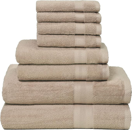 BOUTIQUO 8 Piece Towel Set 100% Ring Spun Cotton, 2 Bath Towels 27X54, 2 Hand Towels 16X28 and 4 Washcloths 13X13 - Ultra Soft Highly Absorbent Machine Washable Hotel Spa Quality - Tan
