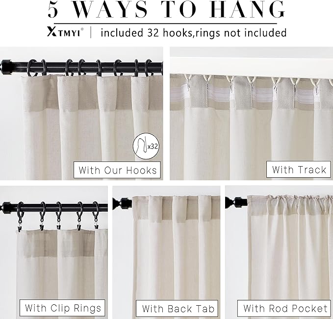 XTMYI Country Curtains for Living Room,Sheer Linen Shabby Chic Curtains for Bedroom 70 Inches Wide 84 Inches Long Oatmeal