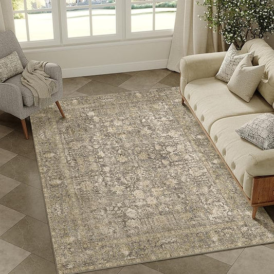 Brown Area Rug 4x6 Office Entryway Rug Machine Washable Kitchen Vintage Distressed Non Slip Carpet Indoor Retro Floral Accent Throw Door Mat for Bathroom Bedroom Dining Living Room