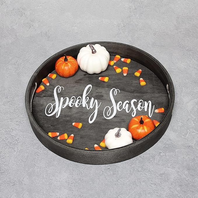 Elegant Designs HG2013-BKS Decorative 13.75" Round Wood Serving Tray w/Handles, Black Wash Spooky Season