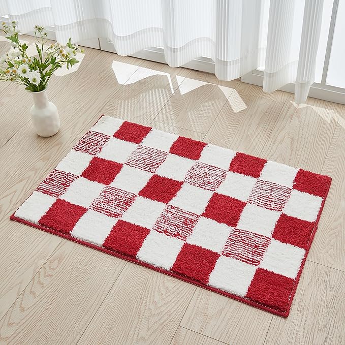 CozeCube Christmas Checkered Bath mats for Bathroom Non Slip, Fluffy Absorbent Microfiber Bath mat Washable, Aesthetic Bathroom Rugs, Cute Bath mat for Shower Sink, Christmas Red, 32" x 20"