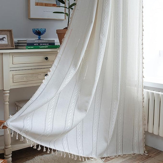 Sutuo Home Boho Curtains for Bedroom Living Room 84 Inches Long, Semi-Blackout Rustic Country Linen Embroidery Vintage Chic Tassels Hollow Window Treatment Bohemian Drape, 1 Panel 52" W x 84" L, Ivory
