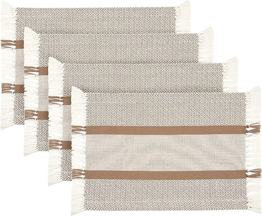 Sticky Toffee Cotton Placemats Set of 4 – Tan Woven 14x19 in Table Mats for Kitchen or Dining Table, Boho Style, Washable Cloth Placemats