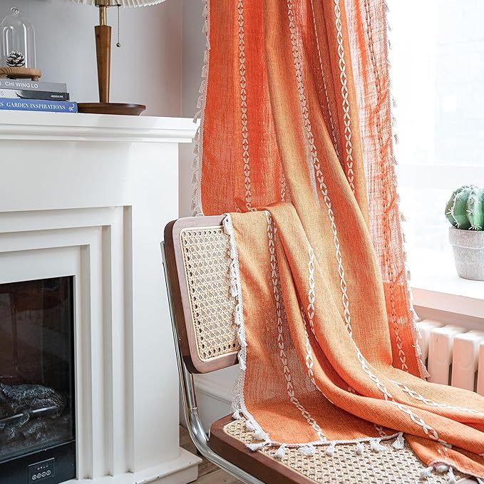 Sutuo Home Boho Curtains for Bedroom 84 Inches Long, Terracotta Semi Blackout Farmhouse Tassels Window Treatment Bohemian Embroidery Drape for Halloween Decor, Rod Pocket 1 Panel 52" W x 84" L, Orange