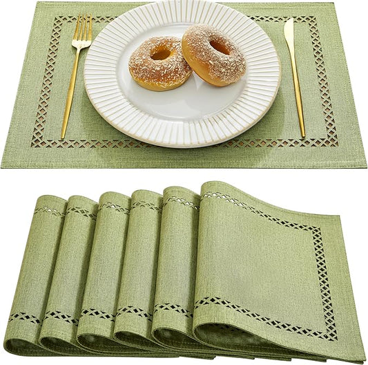 Burlap Placemats Set of 6, 12 x 18 Inch Rustic Geometric Hollow Place Mats, Heat Resistant Placemats for Farmhouse Kitchen Table Decor, Sage Green 6PCS