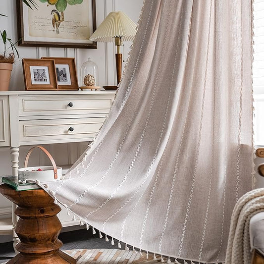 Sutuo Home Boho Curtain for Bedroom 84 Inch Length, Light Filtering Farmhouse Vintage Shabby Chic Tassels Window Treatment Bohemian Embroidery Drape, Rod Pocket 1 Panel 52" W x 84" L, Taupe