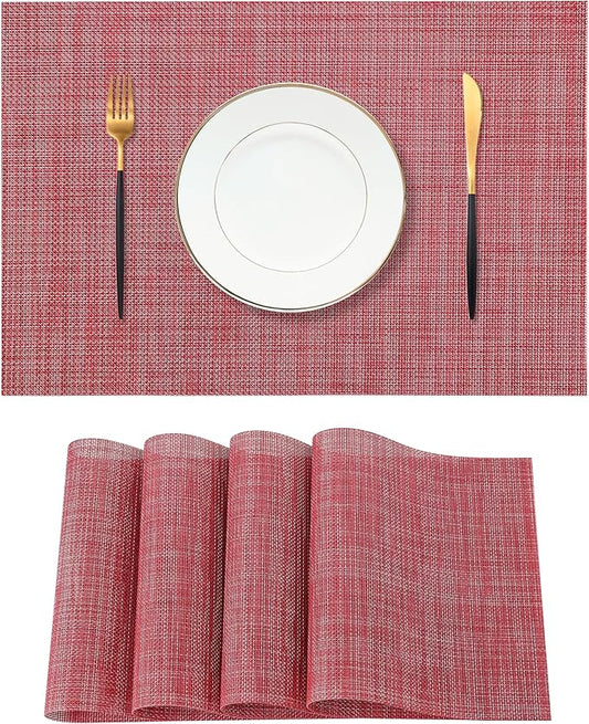 Leetaltree Red Placemats Set of 4 - Heat Resistant Non-Slip Place mats for Dining Table, Washable Durable PVC Vinyl Woven Table Mats（Red, 4）