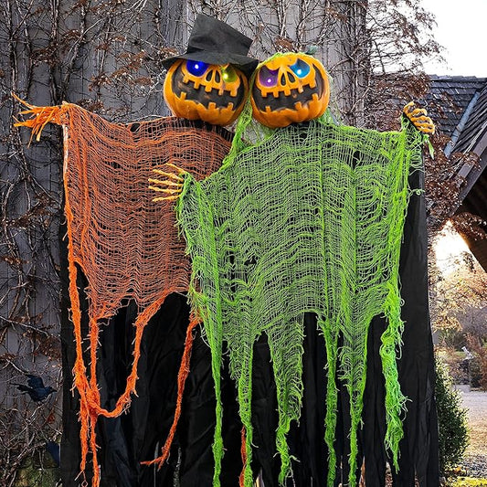 FUNPENY 2 Pack 5.2' Hanging Ghost Pumpkin with Bendable Arms, Halloween Skeleton Pumpkin Decorations with Color Changing Lighted Eyes for Halloween Party Lawn Outdoor Indoor Decor