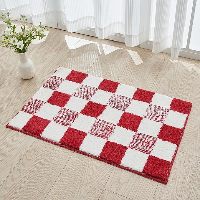 CozeCube Christmas Checkered Bath mats for Bathroom Non Slip, Fluffy Absorbent Microfiber Bath mat Washable, Aesthetic Bathroom Rugs, Cute Bath mat for Shower Sink, Christmas Red, 24" x 16"