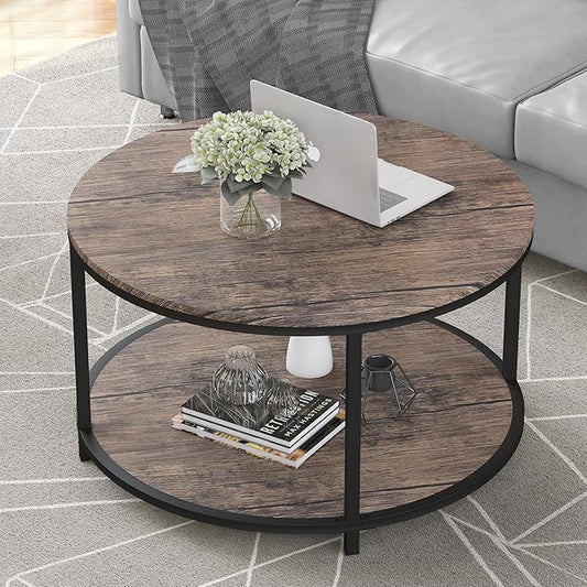 NSdirect Round Coffee Table, 27.6" Small Wood Coffee Table for Living Room, Rustic Modern Farmhouse Style, 2-Tier Storage Shelf Compact Space-Saving Design for Small Spaces, Walnut