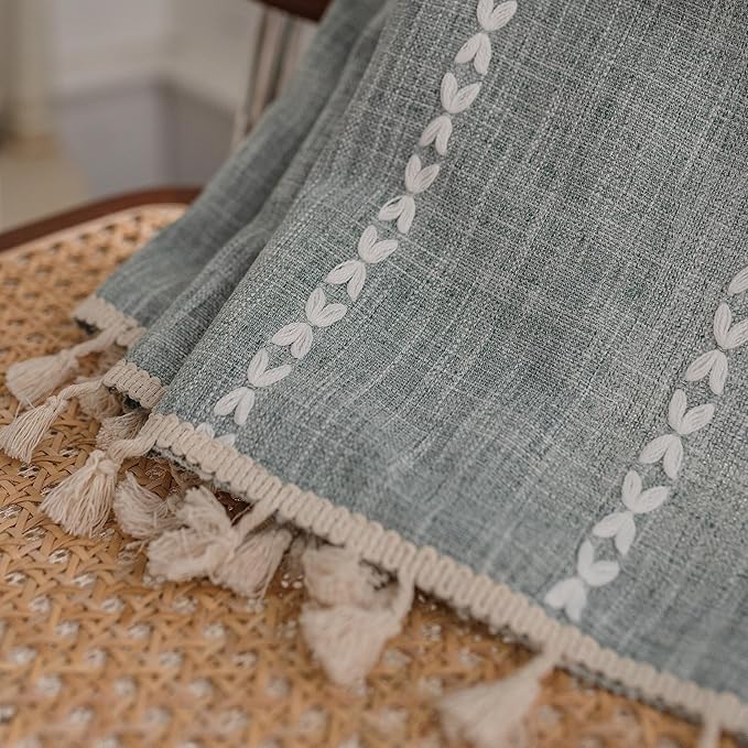 Sutuo Home Boho Curtains for Bedroom Dining Room Kitchen, Semi Blackout Linen Farmhouse Shabby Chic Tassels Window Treatment Bohemian Embroidery Drape, Rod Pocket 1 Panel 52" W x 63" L, Greyish Blue