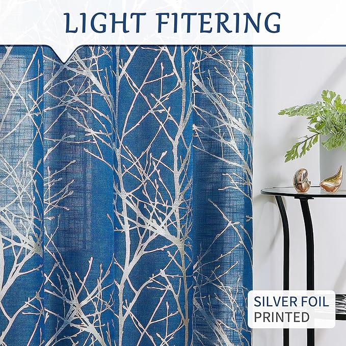 FMFUNCTEX Linen Semi Sheer Curtains for Bedroom, Silver Foil Curtains 84 Inches Long for Living Room, Silver Metallic Print Navy Blue Tree Panel for Windows, Light Filtering Curtains Grommet 2 Panels