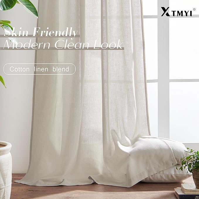 XTMYI Back Tab/Hook Belt Linen Cotton Sheer Curtains for Bedroom 2 Panels,45 Inch Length,Oatmeal Beige