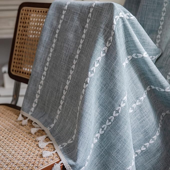 Sutuo Home Boho Curtains for Bedroom Dining Room Kitchen, Semi Blackout Linen Farmhouse Shabby Chic Tassels Window Treatment Bohemian Embroidery Drape, Rod Pocket 1 Panel 52" W x 63" L, Greyish Blue