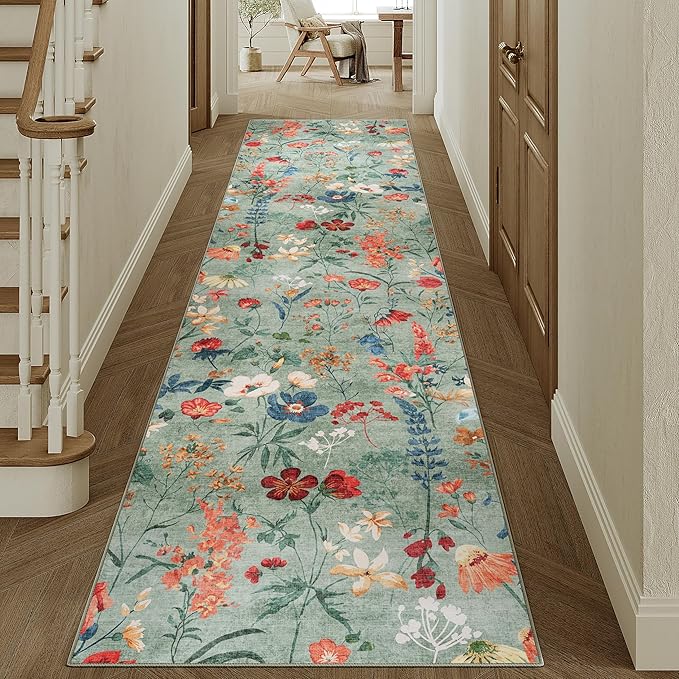 Floral Runner Rug 3x12 Washable Hallway Long Green Bedroom Carpet Non Slip Indoor Boho Kitchen Low Pile Accent Rug Lightweight Soft for Bathroom Dining Laundry Living Room