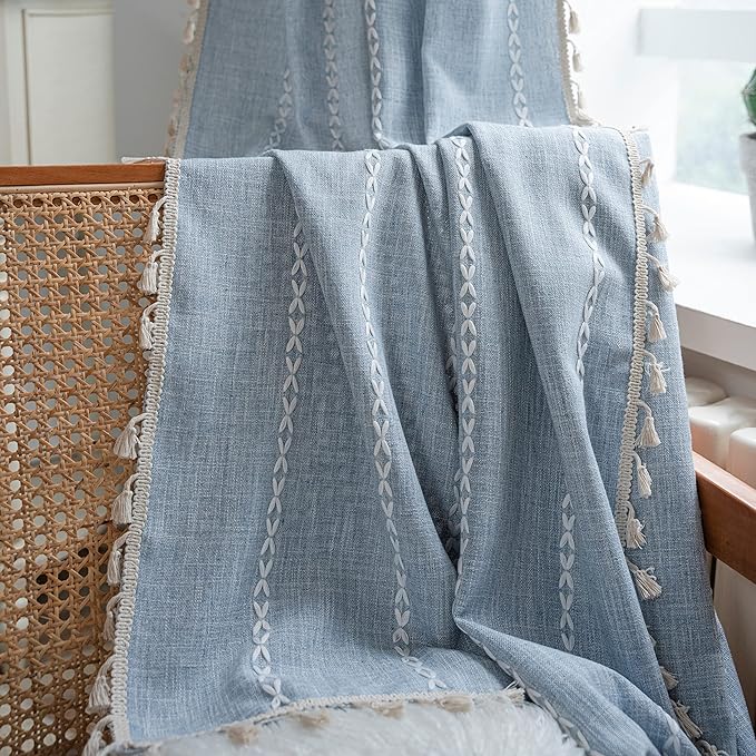 Sutuo Home Boho Curtains for Bedroom 63 Inch Length, Light Filtering French Country Farmhouse Vintage Shabby Chic Tassels Window Treatment Bohemian Drape, 1 Panel 52" W x 63" L, Blue