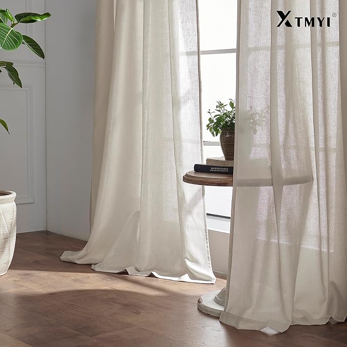 XTMYI 2 Panels,102 Inch Length,Oatmeal,50 Inch Wide,Back Tab/Hook Belt Linen Cotton Sheer Curtains for Bedroom Living Room