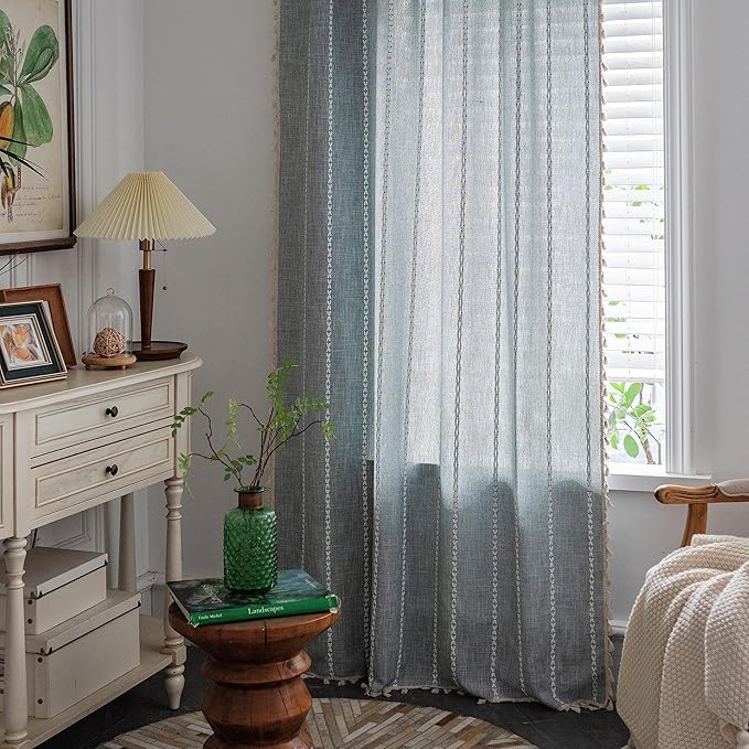Sutuo Home Boho Curtains for Bedroom Dining Room Kitchen, Semi Blackout Linen Farmhouse Shabby Chic Tassels Window Treatment Bohemian Embroidery Drape, Rod Pocket 1 Panel 52" W x 63" L, Greyish Blue