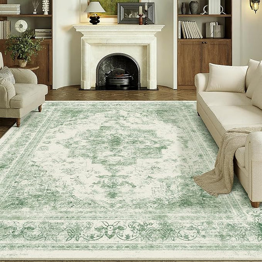 Area Rug 5x7 Washable Green Rug Vintage Boho Medallion Large Distressed Retro Carpet for Living Room Non Slip Indoor Low Pile Small Soft Bedroom Dining Room Home Office