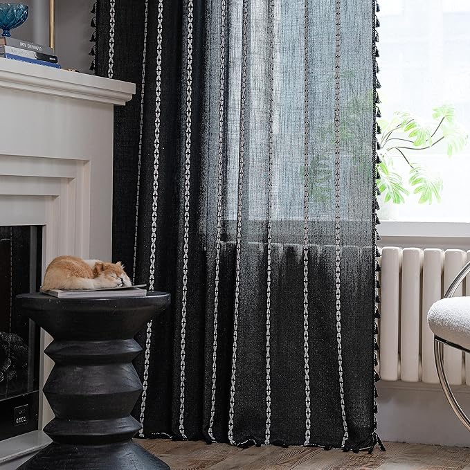 Sutuo Home Boho Curtain for Bedroom, Semi Blackout Linen Farmhouse Shabby Chic Tassels Window Treatment Bohemian Embroidery Drape for Halloween Decor, Rod Pocket 1 Panel 52" W x 84" L, Black