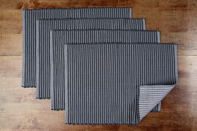 Sticky Toffee Woven Cotton Placemats Set of 4, Gray Ribbed 14 x 19 in, Washable Table Mats for Dining Table or Kitchen