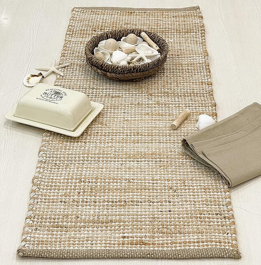 Chardin home Natural Jute Table Runner 13x36 Inch – Vintage Boho Rustic Table Decor – Handwoven Jute Table Runner in Natural and Ivory – Farmhouse Dining or Console Table Accent
