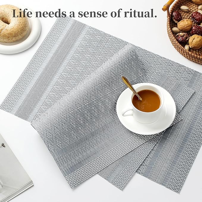 Leetaltree Lunar Grey Placemats Set of 12 - Heat Resistant Non-Slip Place mats for Dining Table, Washable Durable PVC Vinyl Woven Table Mats（Lunar Grey, 12）