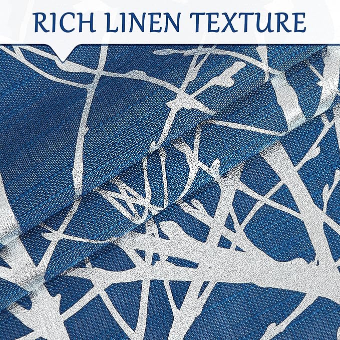 FMFUNCTEX Linen Semi Sheer Curtains for Bedroom, Silver Foil Curtains 84 Inches Long for Living Room, Silver Metallic Print Navy Blue Tree Panel for Windows, Light Filtering Curtains Grommet 2 Panels