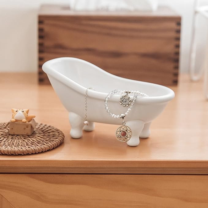 1piece 5.6" White Ceramic Mini Bathtub Soap Dish Small Planter Makeup Organizer Container Hamster Bathtub (White)